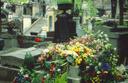 Flowers and gravestones.